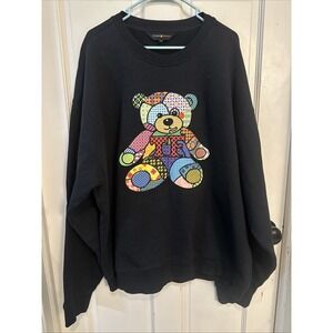 Teddy Fresh Mens 2XL Quilted Black Bear TF Graphic Knit Crewneck Pullover Y2K